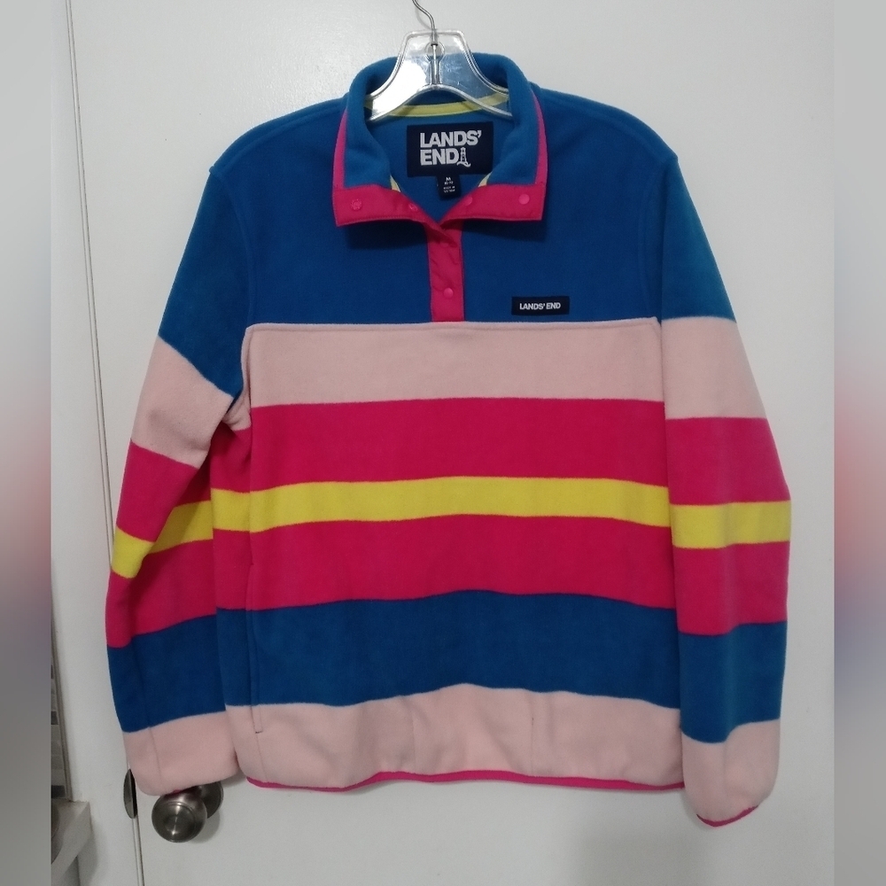 Land's End 1/4 Snap pullover striped Fleece Jacket Neon pink blue yellow peach M